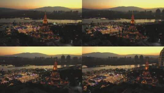 西双版纳星光夜市航拍带湄公河高清在线视频素材下载