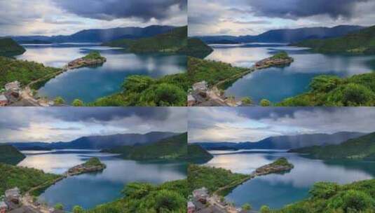 云南丽江泸沽湖里格半岛下雨自然风光延时高清在线视频素材下载