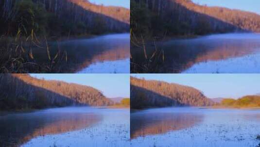 水面晨雾与满山红黄叶树林秋天自然唯美风景高清在线视频素材下载