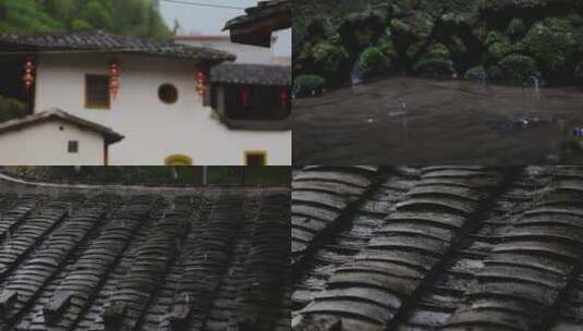 下雨雨声古村落屋檐天井夏雨高清在线视频素材下载