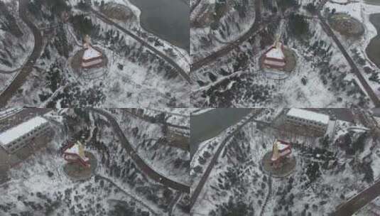 公园建筑塔刷锅航拍雪景长视频高清在线视频素材下载