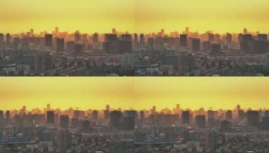 长焦镜头下的城市日出高清在线视频素材下载