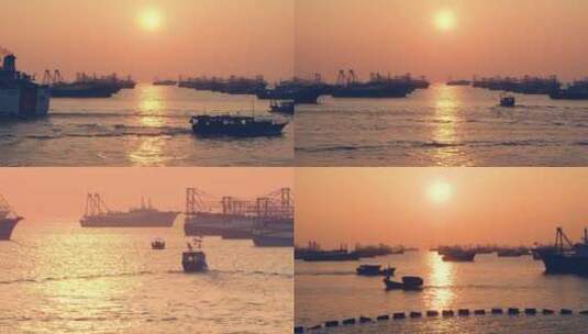 夕阳下海边海港货船停泊驳船广西北海高清在线视频素材下载