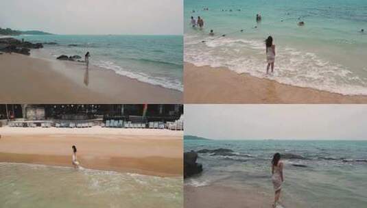 航拍混血美女海边散步海滩玩耍泰国普吉岛高清在线视频素材下载