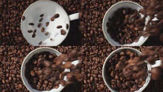 香浓咖啡豆掉落在咖啡杯里高清在线视频素材下载