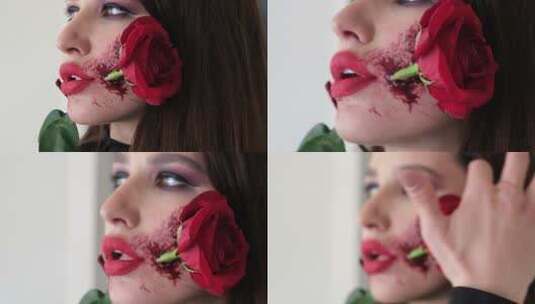美女咬着一朵玫瑰高清在线视频素材下载