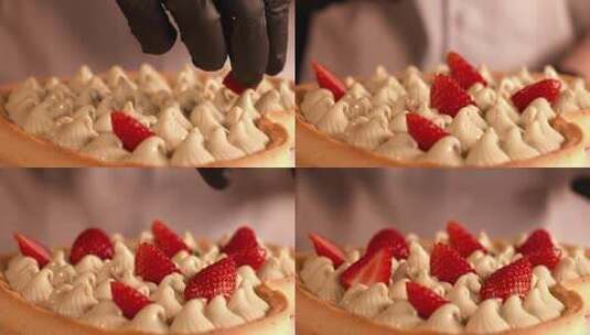 草莓放在蛋糕的奶油上面高清在线视频素材下载