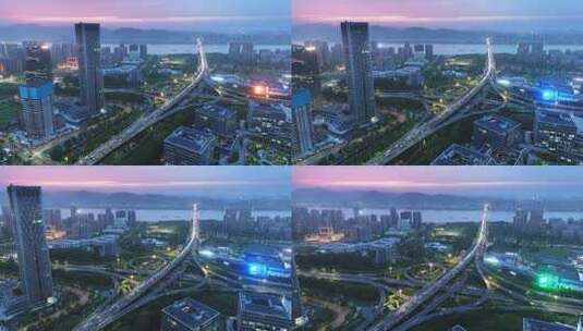 航拍时代高架桥和杭州滨江城市天际线高清在线视频素材下载