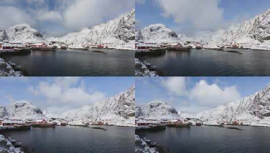 雪山与海水停靠的船高清在线视频素材下载