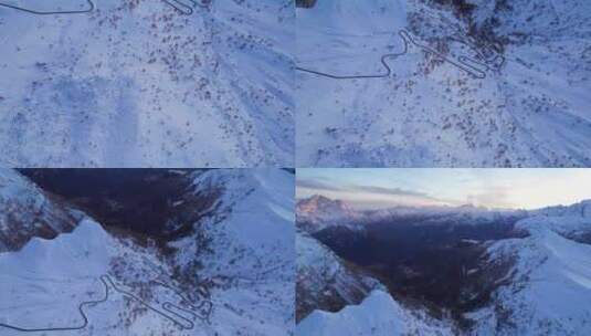 日落时，意大利阿尔卑斯山白雪冬天的吉奥山口高清在线视频素材下载