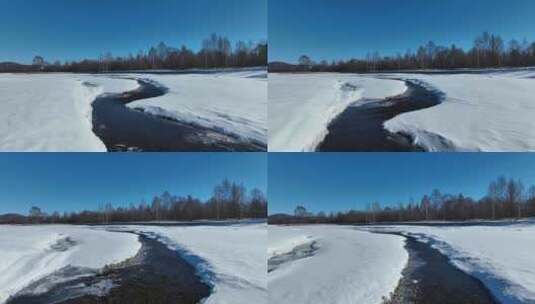 航拍初春库都尔河开河雪景高清在线视频素材下载