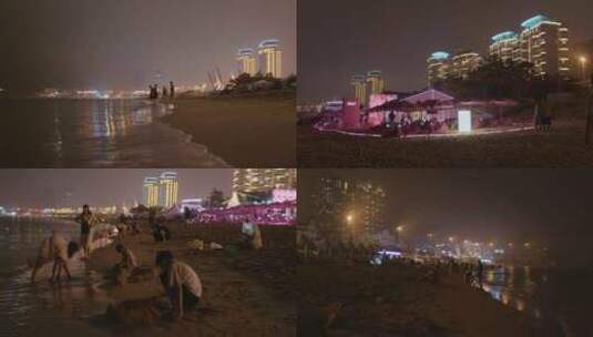 海滩游玩人群夜景高清在线视频素材下载