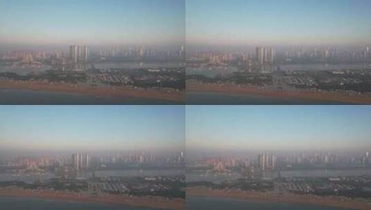 山东日照城市清晨迷雾建筑高楼航拍高清在线视频素材下载