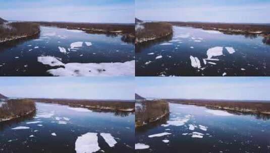 航拍融雪的河流高清在线视频素材下载