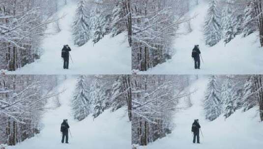 摄影师在拍摄冬季森林雪景高清在线视频素材下载