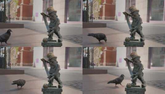 鸽子从弗罗茨瓦夫雕像前走过高清在线视频素材下载