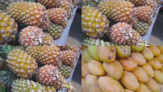 热带水果椰子菠萝芒果摆摊堆积高清在线视频素材下载