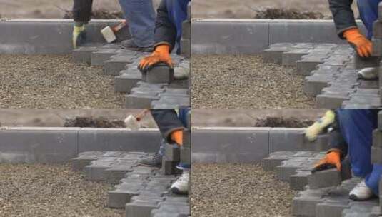 工人们用瓷砖铺路高清在线视频素材下载