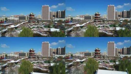 航拍山西太原清代建筑雪景高清在线视频素材下载