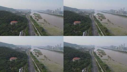湖南长沙湘江沿江交通绿化航拍高清在线视频素材下载
