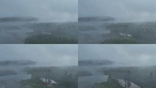 航拍晨雾中的森林与河流高清在线视频素材下载
