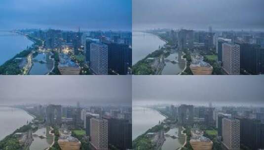 傍晚杭州滨江上空行走的云和钱塘江延时航拍高清在线视频素材下载