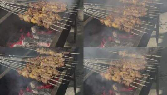 院子里烧烤冒烟烤羊肉串2高清在线视频素材下载