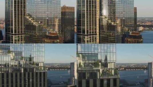 航拍纽约曼哈顿市中心螺旋大厦摩天大楼河流高清在线视频素材下载