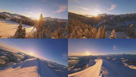 FPV航拍雪山雪松雪景日出山脉山脊高清在线视频素材下载
