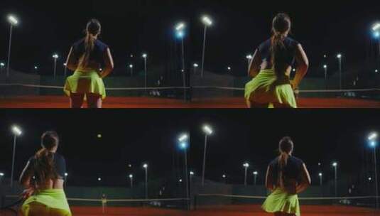 美丽的女人网球运动员在网球场性感女士的夜高清在线视频素材下载