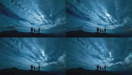 一家四口牵手剪影站在山顶云朵延时视频高清在线视频素材下载