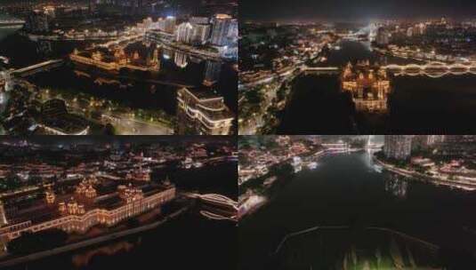 福州台江区中洲岛夜晚夜景航拍解放大桥福建高清在线视频素材下载