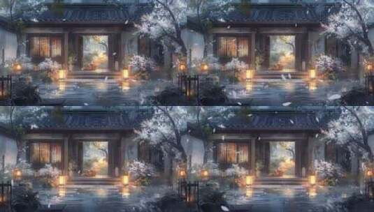 日式古风庭院雨景背景高清在线视频素材下载