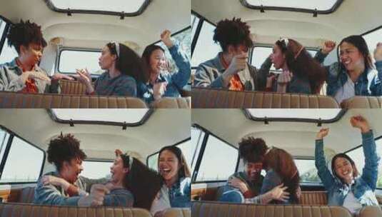 公路旅行，音乐和女性朋友在面包车里跳舞，高清在线视频素材下载