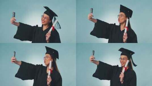 快乐的女人，毕业证书和自拍、摄影或记忆证高清在线视频素材下载