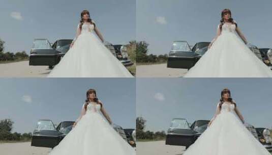新娘，白色连衣裙，复古，汽车高清在线视频素材下载