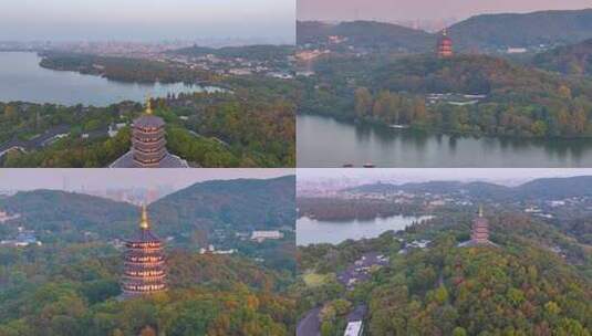 唯美杭州西湖雷峰塔景区大自然风光群山航拍高清在线视频素材下载