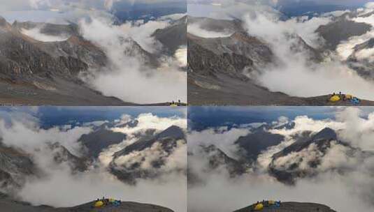 攀登四川岷山山脉雪宝顶雪山的登山者C1营地高清在线视频素材下载