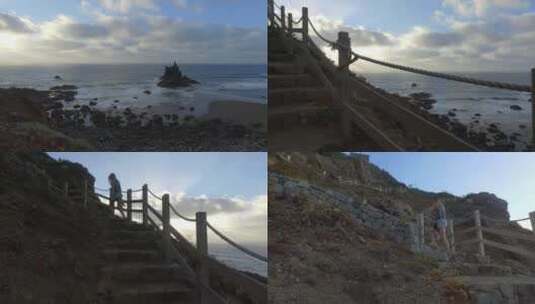 爬楼梯的女人观赏海景高清在线视频素材下载