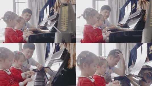亲子时光爸爸陪小孩弹钢琴陪伴成长双胞胎高清在线视频素材下载