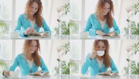 年轻女子坐在桌旁喝咖啡看书高清在线视频素材下载