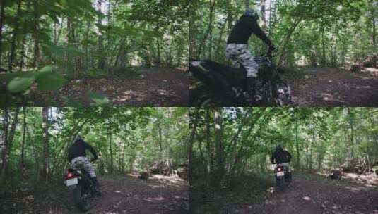 越野者骑摩托穿越丛林高清在线视频素材下载