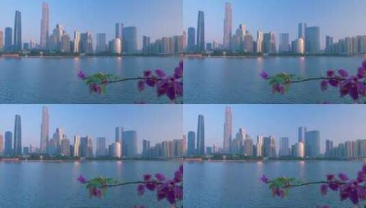 清晨一缕阳光照在广州珠江新城CBD摩天大楼高清在线视频素材下载