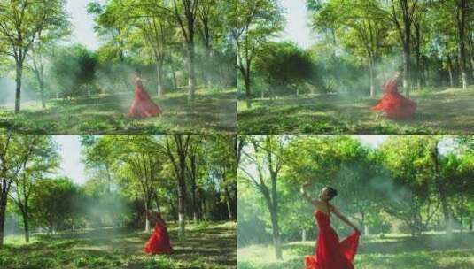 4K红衣美女在森林跳舞高清在线视频素材下载
