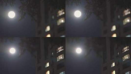 夜晚月亮-城市上空月亮升起-中秋月亮高清在线视频素材下载