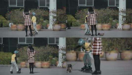 市民母子生活视频牵狗的妈妈溜冰的小孩高清在线视频素材下载