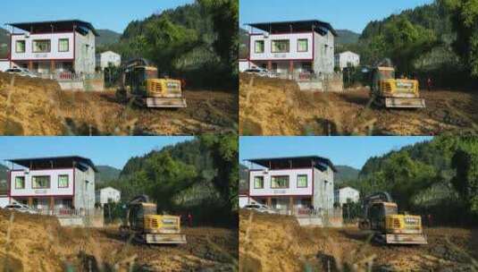 广元市苍溪县新农村建设挖掘机工作航拍高清在线视频素材下载