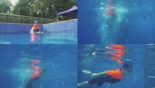 可爱小男孩跳入游泳池潜水玩耍高清在线视频素材下载