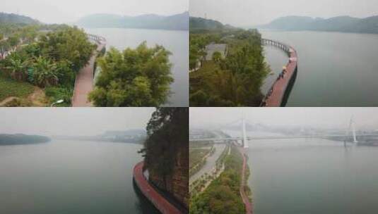 航拍柳州环江滨水大道工程自行车工程高清在线视频素材下载