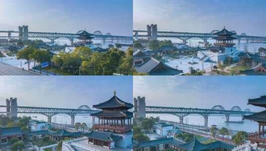 江西省九江市琵琶亭及长江大桥航拍延时高清在线视频素材下载